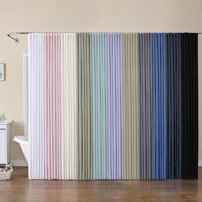 Extra Long Shower Curtain Set - 84 Inch Long Waffle Weave Heavy Duty Cloth Shower Curtain for Bathroom, Luxury Weighted 230GSM Bath Curtain Set with 12 Plastic Hooks, 72Wx84L, Glacier Blue