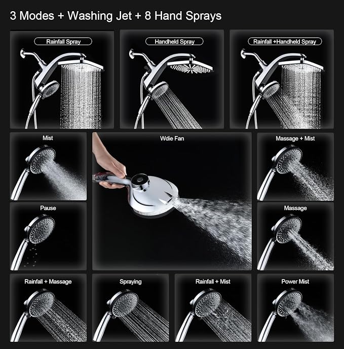 12" High Pressue Rain Shower Head with Handheld, 9 Sprays Hand Showerhead | Shower Heads with Handheld Spray Combo, Dual Head, Built-in Magnetic Docking, Power Jets, 59" Shower Hose, Chrome 1.8GPM