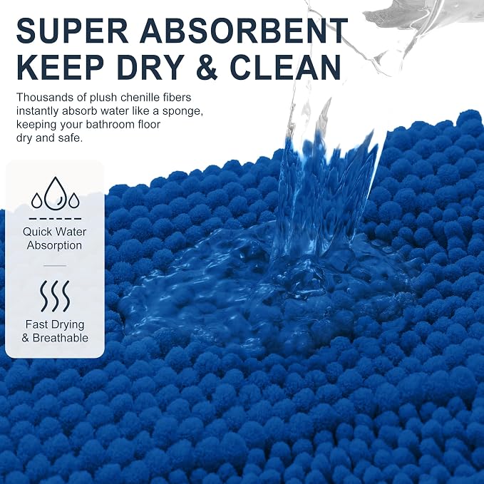Smiry Thick Small Chenille Bathroom Rugs 24x16, Bath Mat, Deep Navy Blue | Quick‑Dry & Machine Washable, Non‑Slip Bath Carpet, Soft Striped Bath Rugs for Tub & Shower, Modern Home Decor Accessories