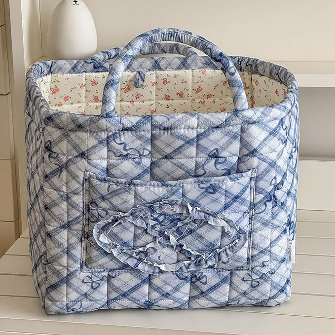 Storage Basket Boho Fabric Large Collapsible Floral Laundry Nursery Hamper Portable Folding Storage for Clothes Toys (Blue Bow)