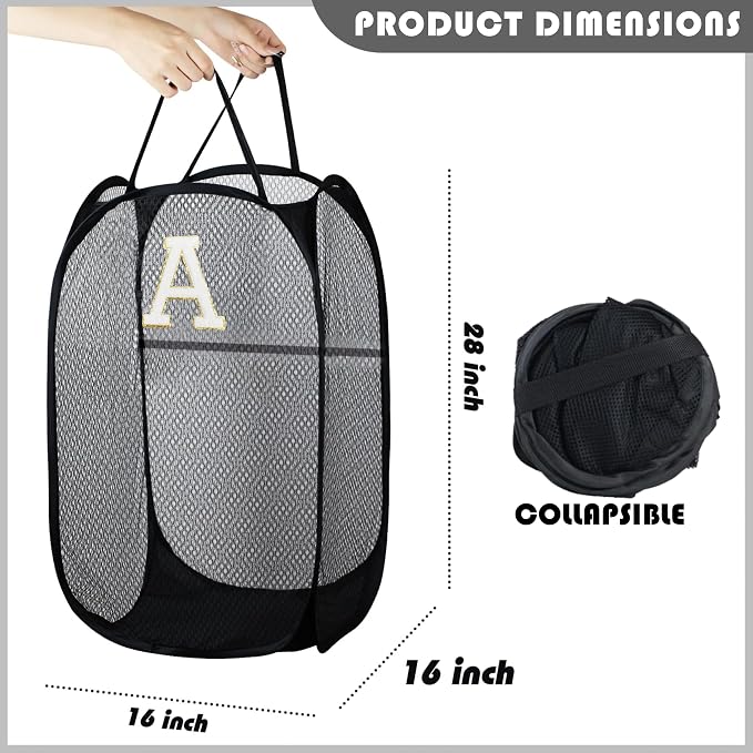Collapsible Pop Up Laundry Hamper, Extra Large with Removable Initial Letter A, Mesh Foldable Laundry Basket, 28" x 16" x 16" (Black)