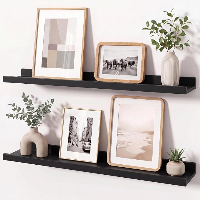 Black Picture Ledge Shelves for Wall, 4.5" Deep Wood Floating Shelves with Lip for Bedroom, Living Room, 24" Width, Color Black Set of 2