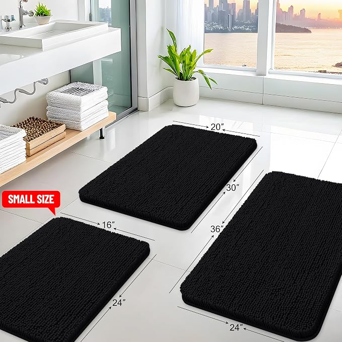Arotive Bathroom Rugs 34x21, Soft Absorbent Shaggy Chenille Bath Rugs | Black, Machine Washable Rubber Backing Bath Mats for Bathroom Floor Tub and Shower Home Decor Accessories