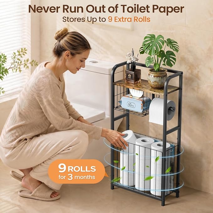 Freestanding Toilet Paper Holder Stand with Storage forSmall Bathroom Space | Holds 9 Spare Rolls, Phone, Wipes & Magazines –Large Capacity Toilet Paper Stand – Toilet Roll Dispenser and Organizer