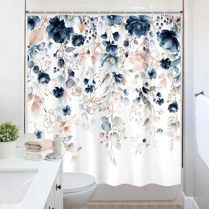 Blue Floral Flower Shower Curtain Cute Navy Flower Pastel Shower Curtain | 72Wx72L Inch Watercolor Plant Eucalyptus Leaf Girly Rustic Country 72Wx72L Inch Bath Bathtub Set Accessories Home Decor