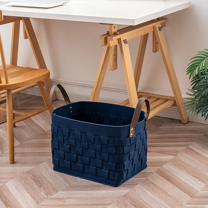 Blankets Basket 16.5 " x13 x13 , Extra Large Rectangular Laundry Hamper with Leather Handle, Soft Dog Toy Basket for Storage-Navy Blue