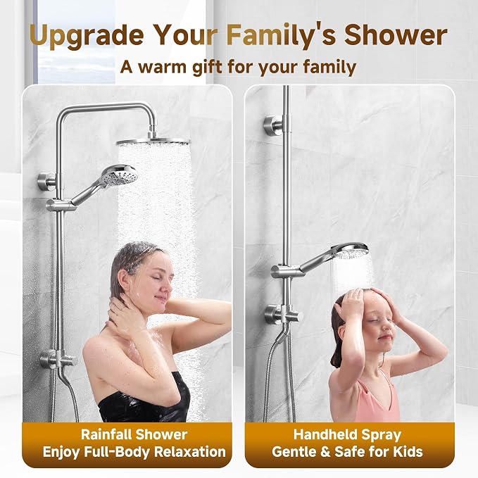 BRIGHT SHOWERS Rain Shower Heads System Including 9 Inch Rainfall Shower Head and Handheld Shower Head with Height Adjustable Holder, Solid Brass Rail and 60" Long Stainless Steel Shower Hose, Chrome