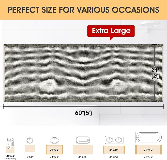 Waffle Bath Mat Green & Cream 5'x2', Boho Woven Modern Bath Mat Rugs, Absorbent Non Slip Bathroom Rugs, Soft Washable Bath Rugs with Tassels for Bathroom, Bedroom, Kitchen, Shower, Tub