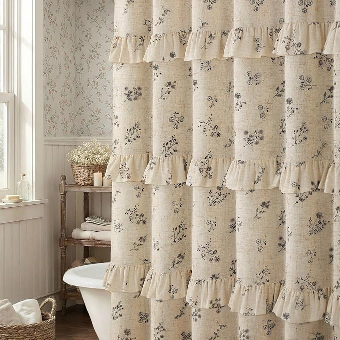 Black Floral Vintage Linen Shower Curtain, French Country Ruffle Shower Curtains for Bathroom, 72Wx72H