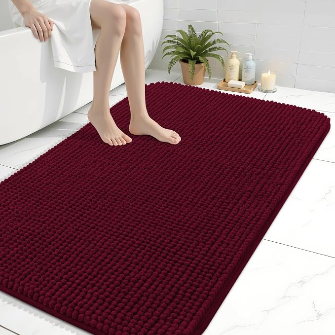 Arotive Chenille Bathroom Rugs 40x32, Soft Absorbent Bath Mat, Burgundy | Rubber Backing, Machine Washable Dry Bath Mats for Bathroom Floor, Tub and Shower, Home Decor Accessories