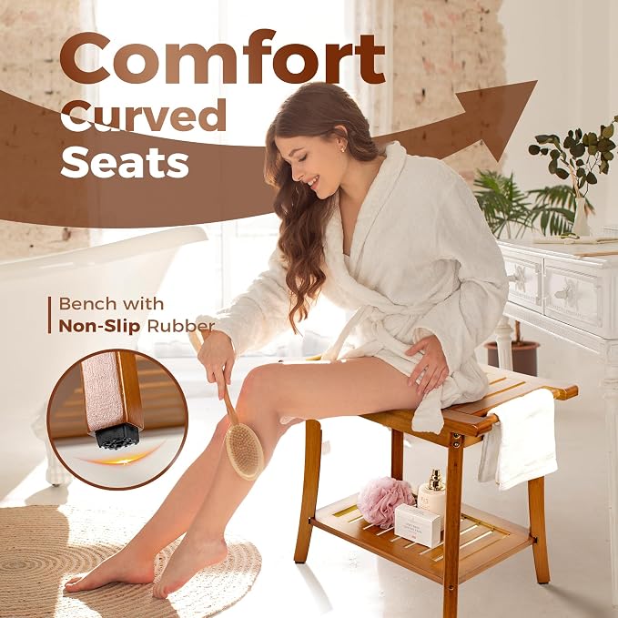 Utoplike Bamboo Shower Bench with Shelf, Bathroom Chair Stool with Handles | Bathroom Seat for Towels, Spa, Inside Shower, Brown Finish