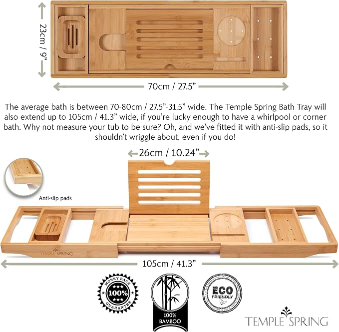 Bamboo Bathtub Tray Caddy for Tub — Expandable Wood Bath Tray with Solid Book Stand Wine Holder and Non-Slip Pads — Includes Bamboo Soap Dish and Spa Accessories — Luxury Bath Gift Set