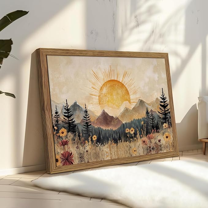 Framed Vintage Sunrise Mountain Landscape Wall Art, Golden Sunburst Meadow Forest Canvas Print, Retro Wildflower Nature Artwork, Rustic Boho Wall Decor for Living Room Bedroom Office 12x16in