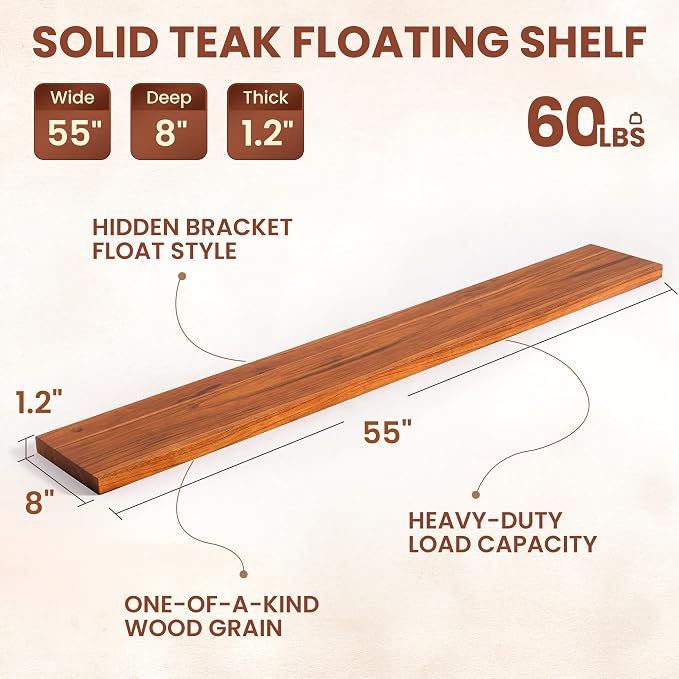 55" Solid Teak Floating Wall Shelf, Water Resistant & Sturdy Decor | Natural Teak Wood, Spacious Wall Storage & Decor, Fits Living Room, Bedroom, Kitchen & Bathroom