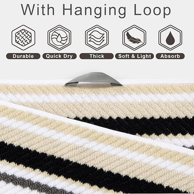 VOOVA & MOVAS Bath Towels 4 Pack, 100% Cotton, 28x52 in, Black Striped | Perfect for Daily Shower Use, Lightweight, Super Soft, Highly Absorbent, Quick Dry, Bath Towels with Hanging Loops