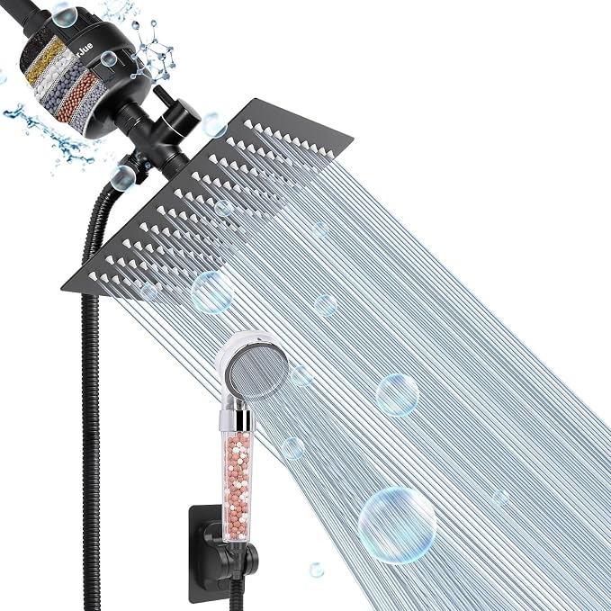 Filter Shower Head, High Pressure 8 Inch Rainfull with Filter Combo for Hard Water, Remove Chlorine Fluoride and Harmful Substances- 1 Replaceable Filter Cartridge (Square, Matte Black)