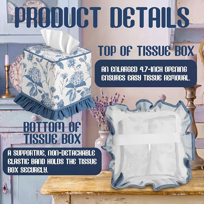 Blue Fabric Ruffle Tissue Box Cover Floral Print Cotton Tissue Box Decorative Square Napkin Holder Vintage Cottagecore Home Decor for Bathroom Bedroom Vanity Countertop Home Office Kitchen