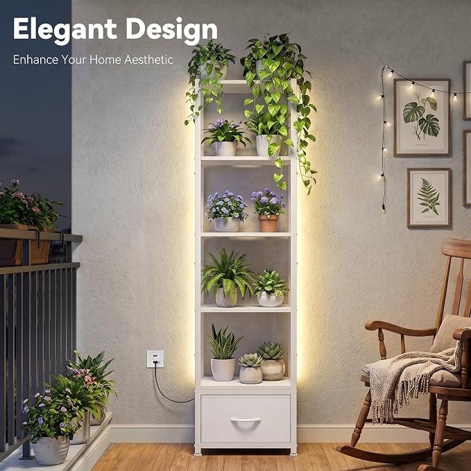 Housolution 6 Tier 60.6" Tall Bookshelf with Storage and LED Light, White | Narrow Corner Shelf Stand with Fabric Drawer, Bookcase Storage Organizer, Standing Shelf Unit for Small Spaces