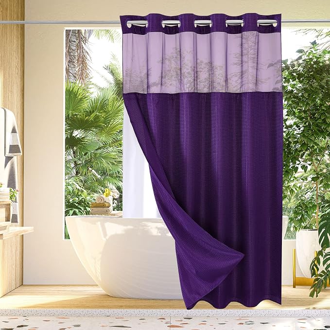 No Hook Cloth Purple Shower Curtain with Liner, 72x80 | Snap-in Fabric Liner, Hotel Style with Mesh Top Window, Waterproof Coating, Machine Washable, Rustproof Grommets