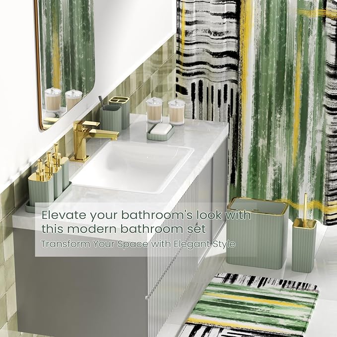 Bathroom Set - Bathroom Accessory Set, Sage Green Bathroom Set, 26PC Bathroom Sets with Shower Curtain and Rugs, Toilet Brush, Trash Can, Qtip Holder & Bathroom Soap Dispenser Set