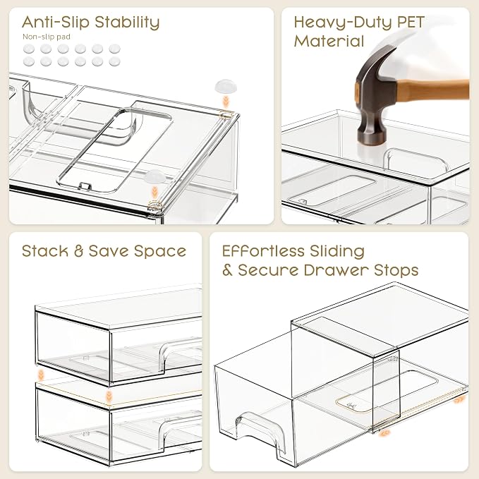 Stackable Storage Drawers, 6 Pack Clear Plastic Makeup & Bathroom Organizer, Versatile Storage Bins for Vanity, Under Sink, Kitchen Cabinets & Pantry
