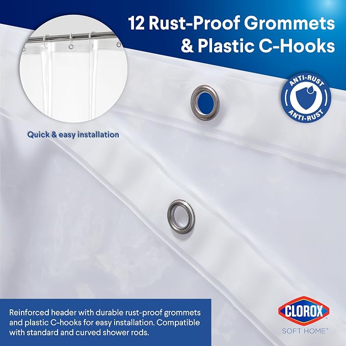 Clorox Shower Curtain Liner & Hooks, Premium Lightweight Flexible Waterproof 4g PEVA for Bathroom with Weighted Magnets, Standard Size 70" x 72", Clear 1 Pack