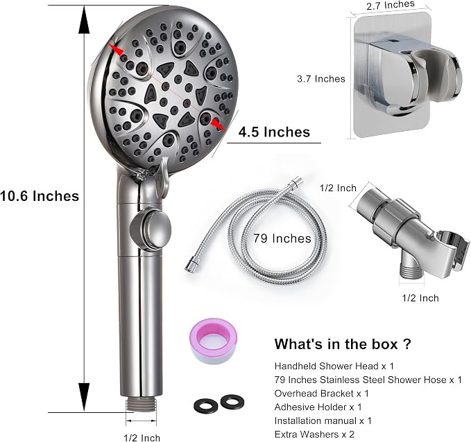 GwernKB Handheld Shower Head with On Off Switch 8-Mode High Pressure Showerhead with 79 Inches Extra-long Stainless Steel Hose and Bracket PLUS Extra Low-Reach Adhesive Wall Mount for Kids,Silver…
