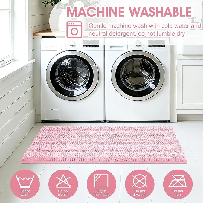 Christmas Striped Pink Bathroom Rug Set 3 Pieces Ultra Soft, Non Slip Chenille Toilet Mat, Absorbent Plush Shaggy Bath Mats for Bathroom, Bedroom, Kitchen