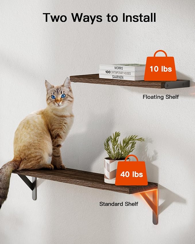 Amada Solid Paulownia Wood Wall Shelves, Large Size, 6 Pcs, Brown | Wood Floating Shelves with Metal Brackets, 2 Ways to Install, Flexible 6-Piece Arrangement for Bathroom & Bedroom Wall Decor