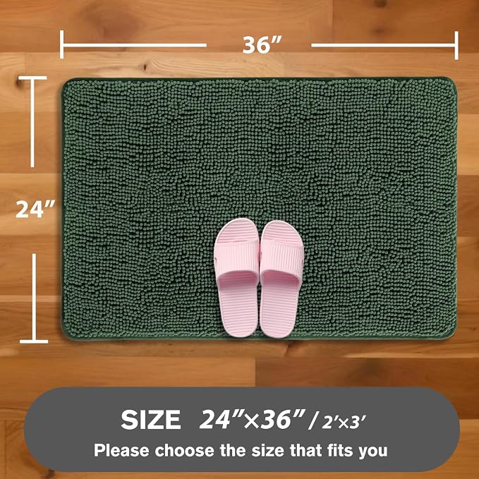 Hunter Green Bathroom Rugs – Absorbent and Washable Bath Mat, Non-Slip, Thick Soft Chenille Bath Rugs for Bathroom Floor, Shower, Sink - 24" x 36"
