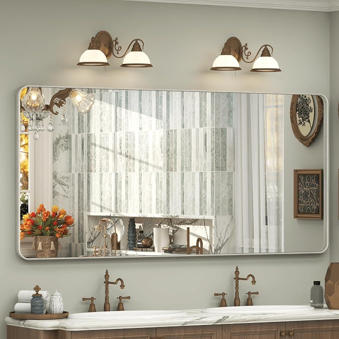 60x28 Inch Brushed Nickel Bathroom Mirror, Large Brushed Silver Metal Framed Wall Mirror, Rounded Corner Rectangle Modern Vanity Mirror, Tempered Glass, Anti-Rust, Shatterproof (Horizontal/Vertical) | Silver Metal Framed Wall Mirror, Rounded Rectangle ...
