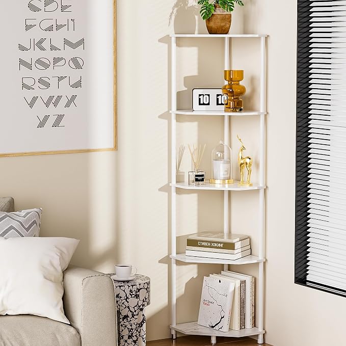5 Tier Corner Shelf Stand, 50.2", Marble White | Metal Frame, Bathroom Kitchen Shelf Organizer Storage, Small Corner Shelf for Bedroom Living Room Decor Accessories