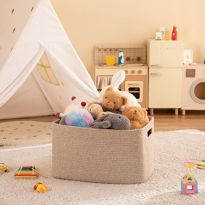 OIAHOMY XXLarge Rectangle Blanket Basket-96L, Cotton Woven Basket for Storage, Dirty Clothes Basket for Living Room, Nursery, Bedroom, Toy Organizing with Handle, 24" x 16" x 15",Brown variegated