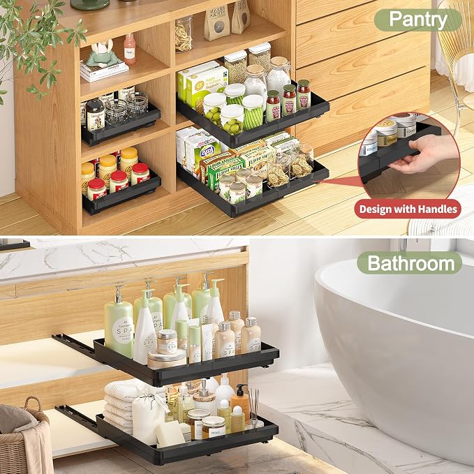 DOMNIU Pull Out Cabinet Organizers Expandable,Black,20.8" Depth,2 Pack | Slide Out Drawers for Kitchen, Bathroom, Pantry, Under Sink Storage, Fixed with Adhesive Nano Film (13''-19'')