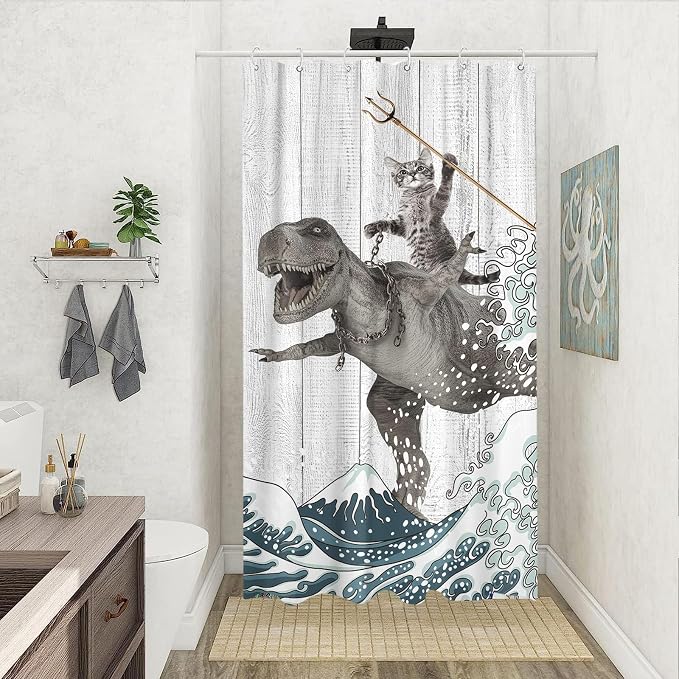 Fungarth Funny Cat Shower Curtain Dinosaur Ocean Sea Wave Shower Curtains for Bathroom Cool Waterproof Fabric Rustic Wooden Farmhouse Bath Curtain Decor (Gray1, 36” x 72”)