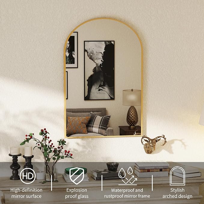 NEWBULIG 20X30 Inch Arched Bathroom Wall Mirror for Over Sink, Gold | Wall Vanity Mirror with Tempered Glass, Anti-Rust Arched Metal Framed, Hanging or Leaning, Farmhouse Home Decor