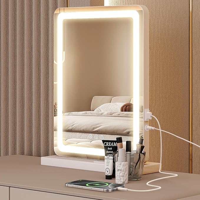 Sweetcrispy 18"x13" LED Vanity Mirror with Lights, Dimmable 3 Color Modes Makeup Mirror with Memory Function, USB Charging, Aluminum Frame, Lighted Mirrors for Desk, Bedroom, Living Room