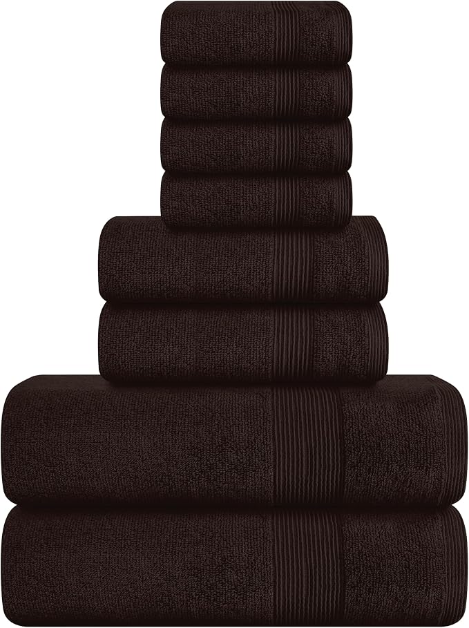 8 Piece Towel Set 100% Ring Spun Cotton, 2 Bath Towels 27x54, 2 Hand Towels 16x28 and 4 Washcloths 13x13 - Ultra Soft Highly Absorbent Machine Washable Hotel Spa Quality - Chocolate Brown