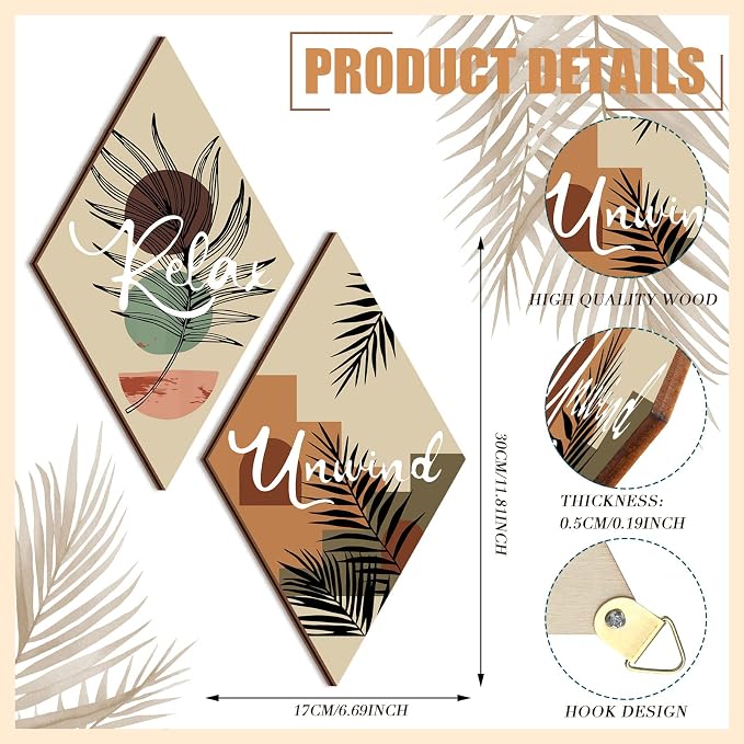 FairySandy 4 Pcs Boho Bathroom Wall Decor 11.8 x 6.7 In Boho Bathroom Decor | Boho Bathroom Wall Decor Boho Wooden Hanging Wall Art Relax Soak Unwind Breathe Sign for Bedroom Living Room Home Decoration