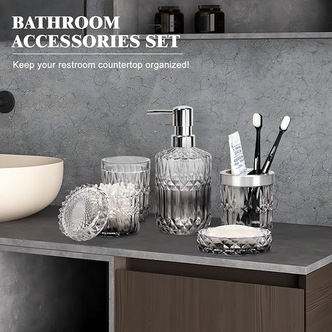 Bathroom Accessories Set, 5Pcs Bathroom Soap Dispenser Set, Glass Bathroom Accessories with Glass Soap Dispenser, Soap Dish, Toothbrush Holder, Tumbler, Cotton Swab Jar (Gradient Clear & Black)