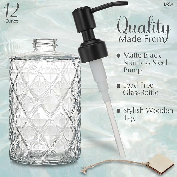 JASAI Diamond Design 12 Oz Glass Soap Dispenser with Black Pump | Small Hand soap Dispenser with Rust Proof Pump, Bathroom Soap Dispenser for Hand Soap, Liquid Soap, Dish Soap.