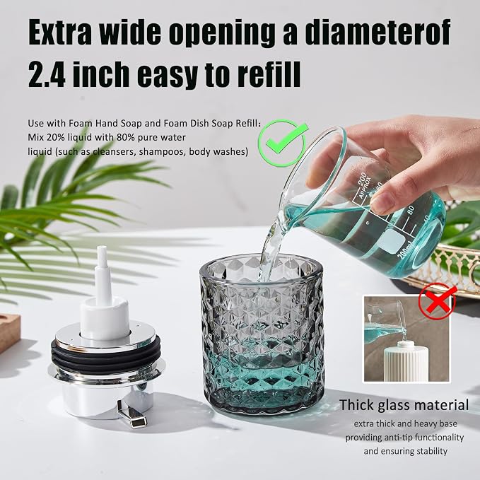 Malachi Foaming Hand Soap Dispenser, Refillable Clear Glass Foam Pump Bottle for Liquid Hand Soap, Dish Soap, Multi‑use for Bathroom, Kitchen & Commercial Use