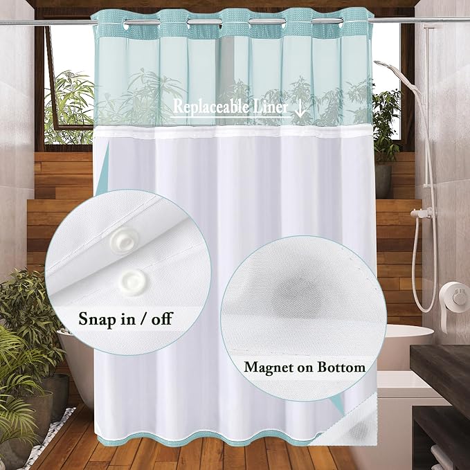 No Hook Cloth Teal Shower Curtain with Liner, 72x86 | Snap-in Fabric Liner, Hotel Style with Mesh Top Window, Waterproof Coating, Machine Washable, Rustproof Grommets