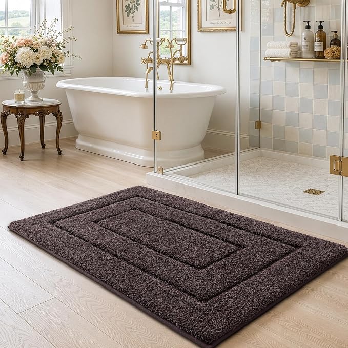 DEXI Bathroom Rugs 32x20, Non-Slip and Absorbent Bath Mat, Brown | Machine Washable, Soft Plush Microfiber Bathmat with Rubber Back, Quick Dry Rug for Shower, Tub, Sink