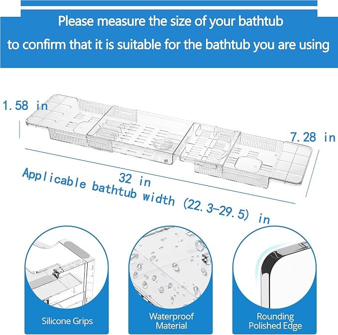Expandable Bathtub Tray,Clear Plastic Anti-Slip Bath Tub Shelf Caddy Tray,Luxury Bathtub & Bathroom Accessories for Relaxing Spa,Suitable for bathtubs with an Internal Width of up to 29.5 inch