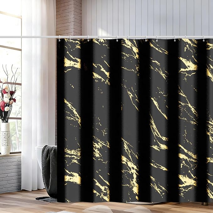 Black and Gold Shower Curtain, Black Marble Shower Curtain, Modern Fabric Shower Curtains for Bathroom, Black and Gold Texture Shower Curtain Set with Hooks 72x72