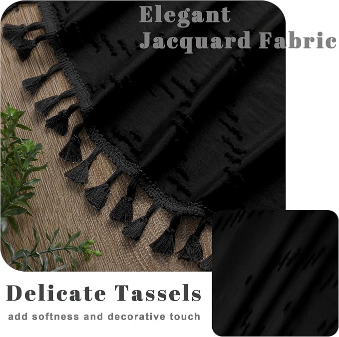 Black Fabric Shower Curtain, Boho Shower Curtains for Bathroom Chic Tufted Chevron Striped Textured with Tassel, Soft Hotel Style Farmhouse, Machine Washable, 72x78, Black