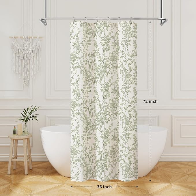Sage Boho Linen Shower Curtain, Farmhouse Floral for Bathroom | Botanical floral print. Rustic farmhouse boho decor. Durable linen blend fabric. Machine washable for easy care. 36x72