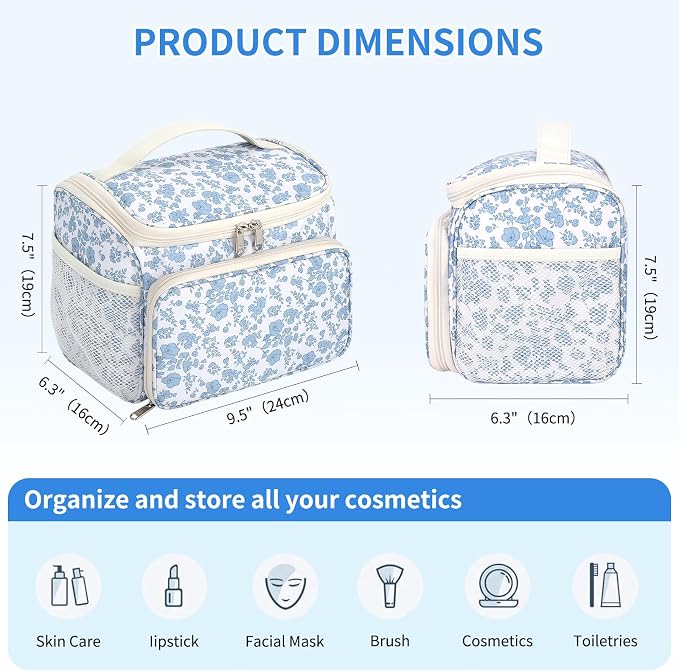 CUBETASTIC Travel Makeup Bag, Floral Make Up Bag with Brush Compartment, Vertical Storage Toiletry Bag with Partitions, Large Make Up Pouch for Women, Portable Makeup Case with Multi-Pockets