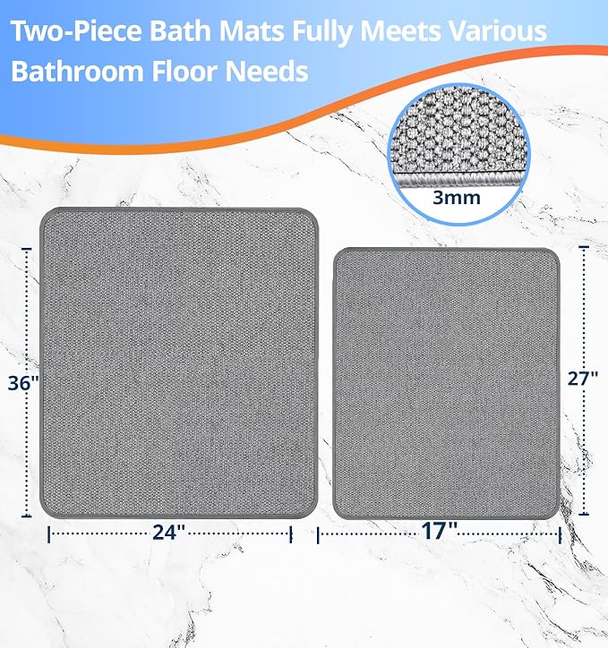 HOMTEB Bathroom Rugs Sets 2 Piece, Thin Bath Mat Absorbent Quick Dry, Machine Washable, Rubber Backing for Non Slip, Low Pile Cozy Cloth Bathroom Rug Set for Tub/Sink/Shower (27"x17" & 36"x24", Gray)
